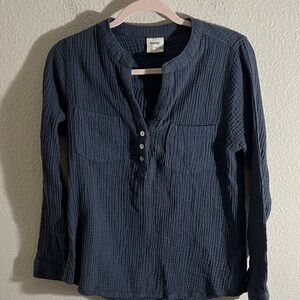 Mote Gauzy Henley Shirt Size Gray Long Sleeve V-Neck Cotton Size L